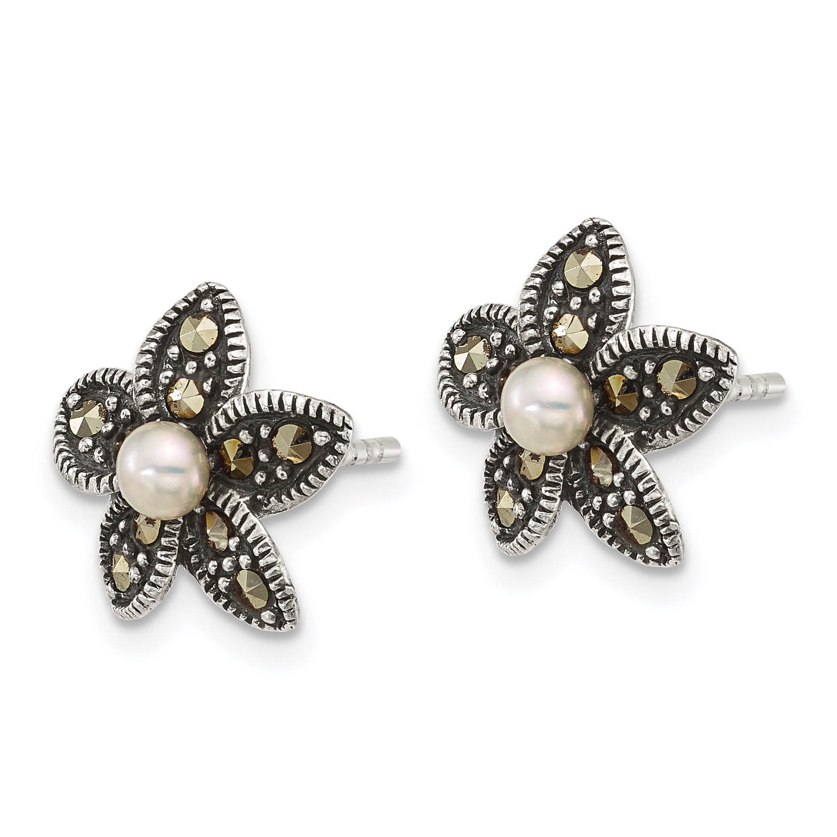 Sterling Silver Antiqued Marcasite and Freshwater Cultured Pearl Fancy Flower Post Earrings