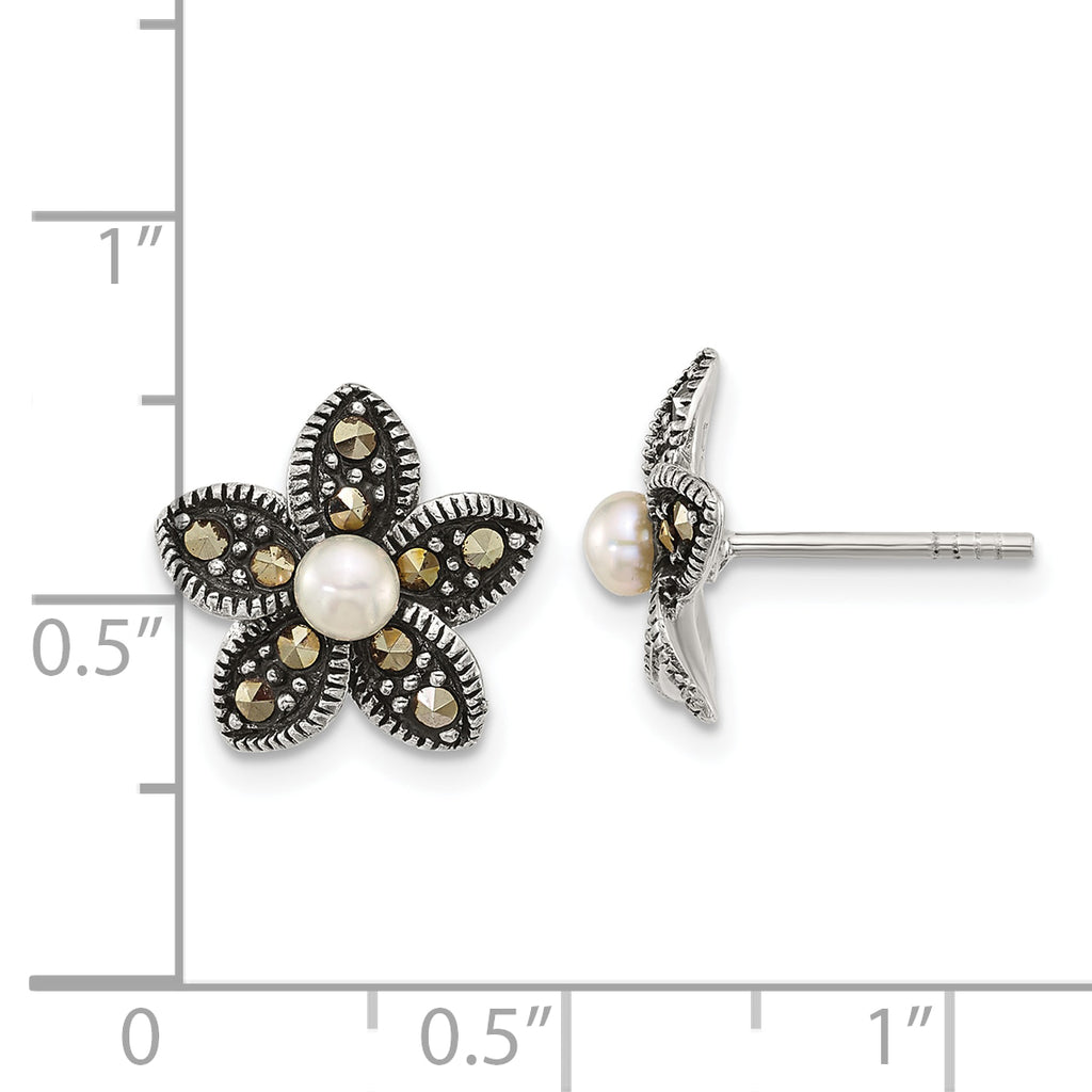 Sterling Silver Antiqued Marcasite and Freshwater Cultured Pearl Fancy Flower Post Earrings