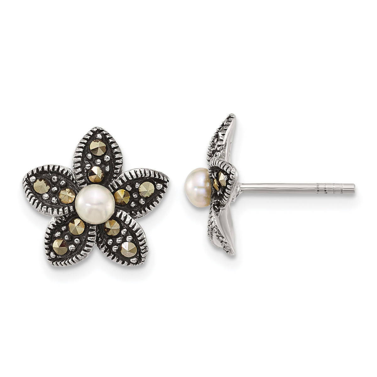 Sterling Silver Antiqued Marcasite and Freshwater Cultured Pearl Fancy Flower Post Earrings