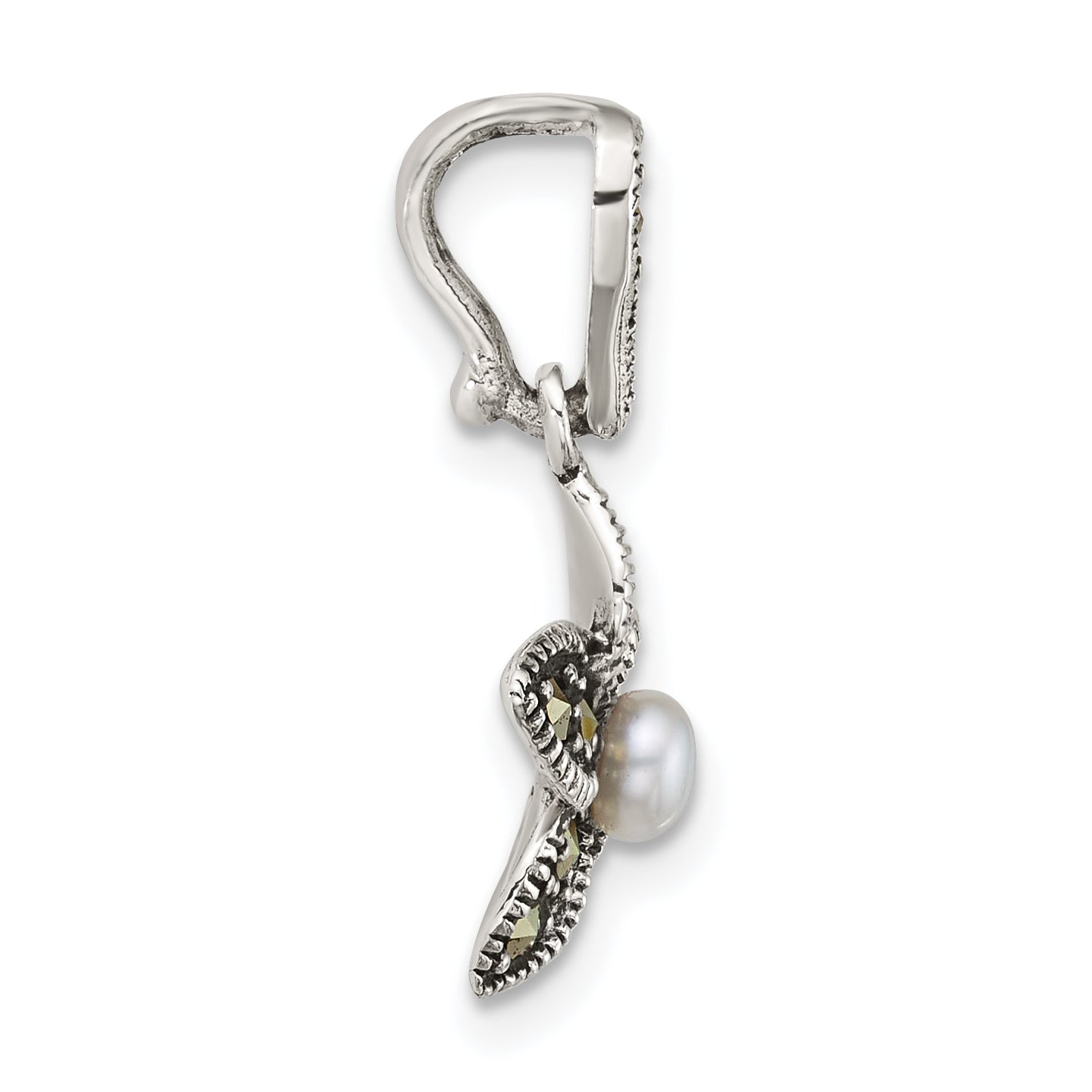 Sterling Silver Antiqued Marcasite and Freshwater Cultured Pearl Fancy Flower Pendant Secondary image