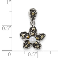 Sterling Silver Antiqued Marcasite and Freshwater Cultured Pearl Fancy Flower Pendant