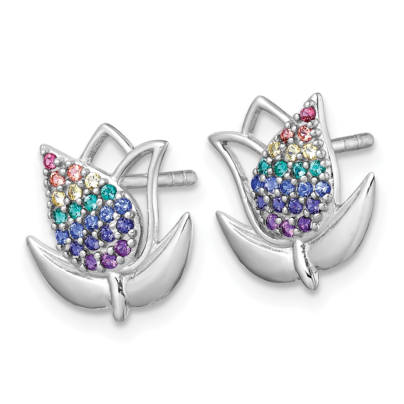 Sterling Silver Rhodium-plated Polished Rainbow Nano Crystals Tulip Post Earrings Secondary image