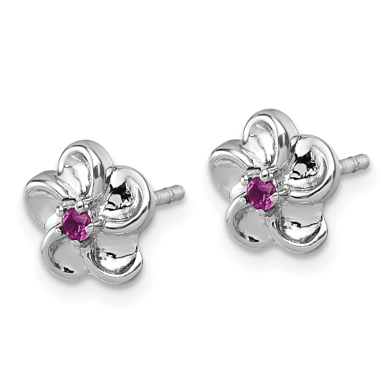 Sterling Silver Rhodium-plated Polished Red CZ Flower Post Earrings Secondary image