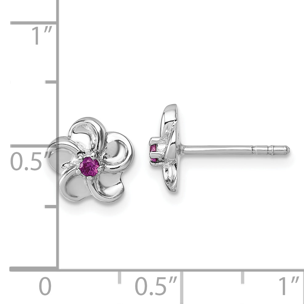 Sterling Silver Rhodium-plated Polished Red CZ Flower Post Earrings