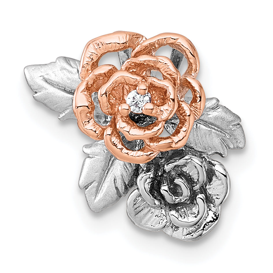 Sterling Silver Rhodium-plated and Rose Gold-plated CZ Flowers Chain Slide Pendant