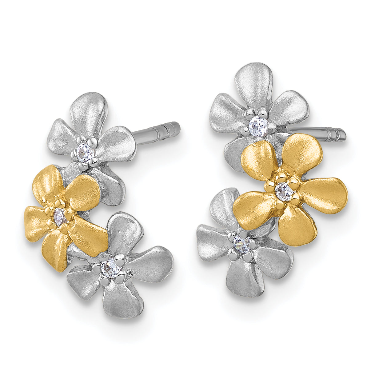Sterling Silver Rhodium-plated and Gold-plated with CZ Three Flowers Post Earrings Secondary image