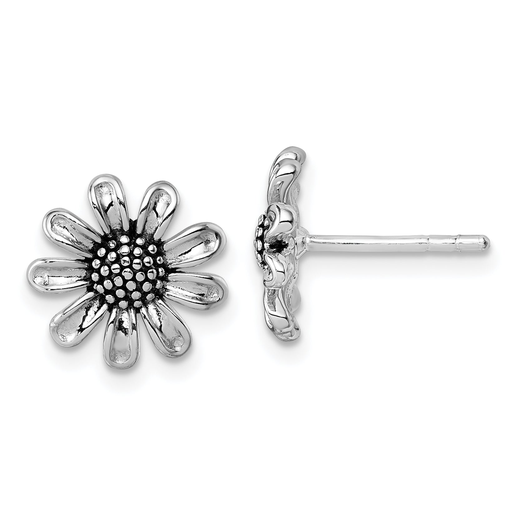 Sterling Silver Rhodium-plated Antiqued Sunflower Post Earrings Main image