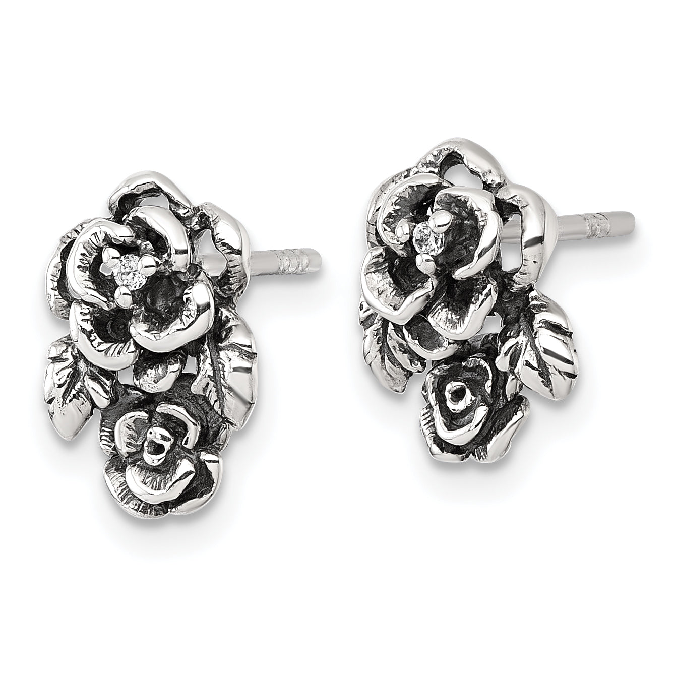 Sterling Silver Antiqued Polished CZ Flowers Post Earrings Secondary image