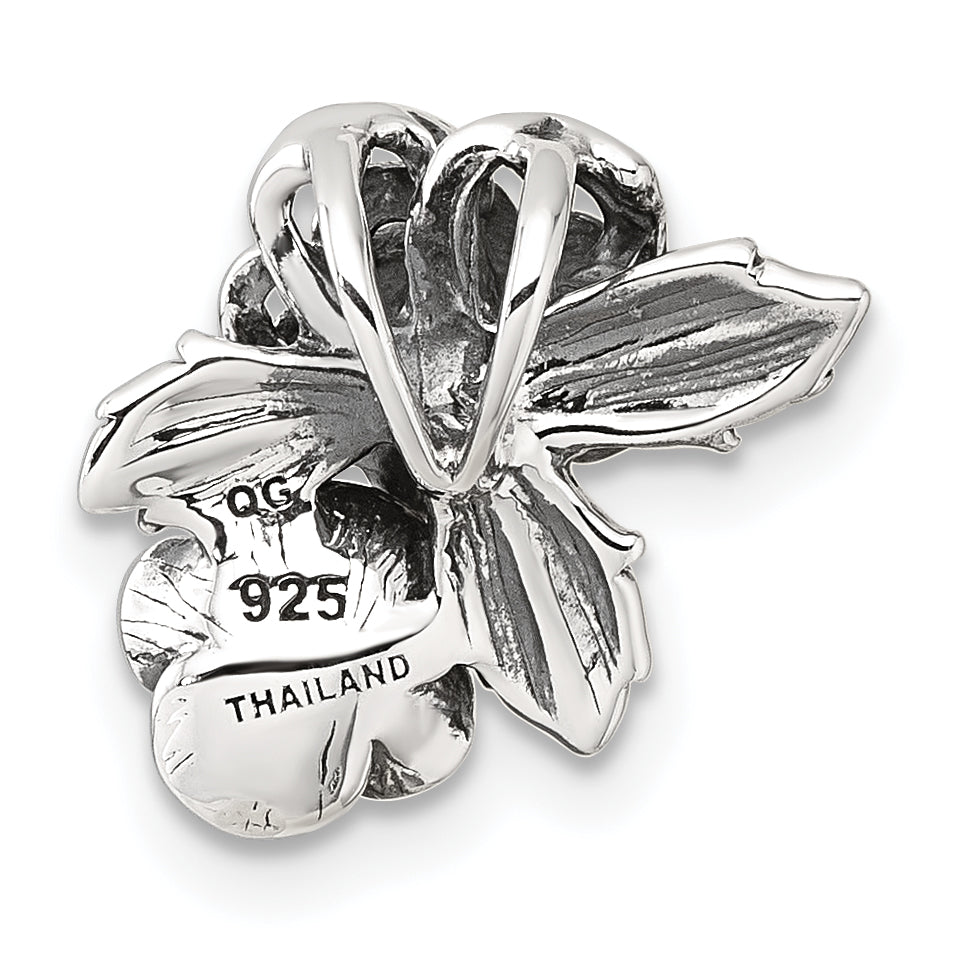 Sterling Silver Antiqued Polished CZ Flowers Chain Slide Pendant