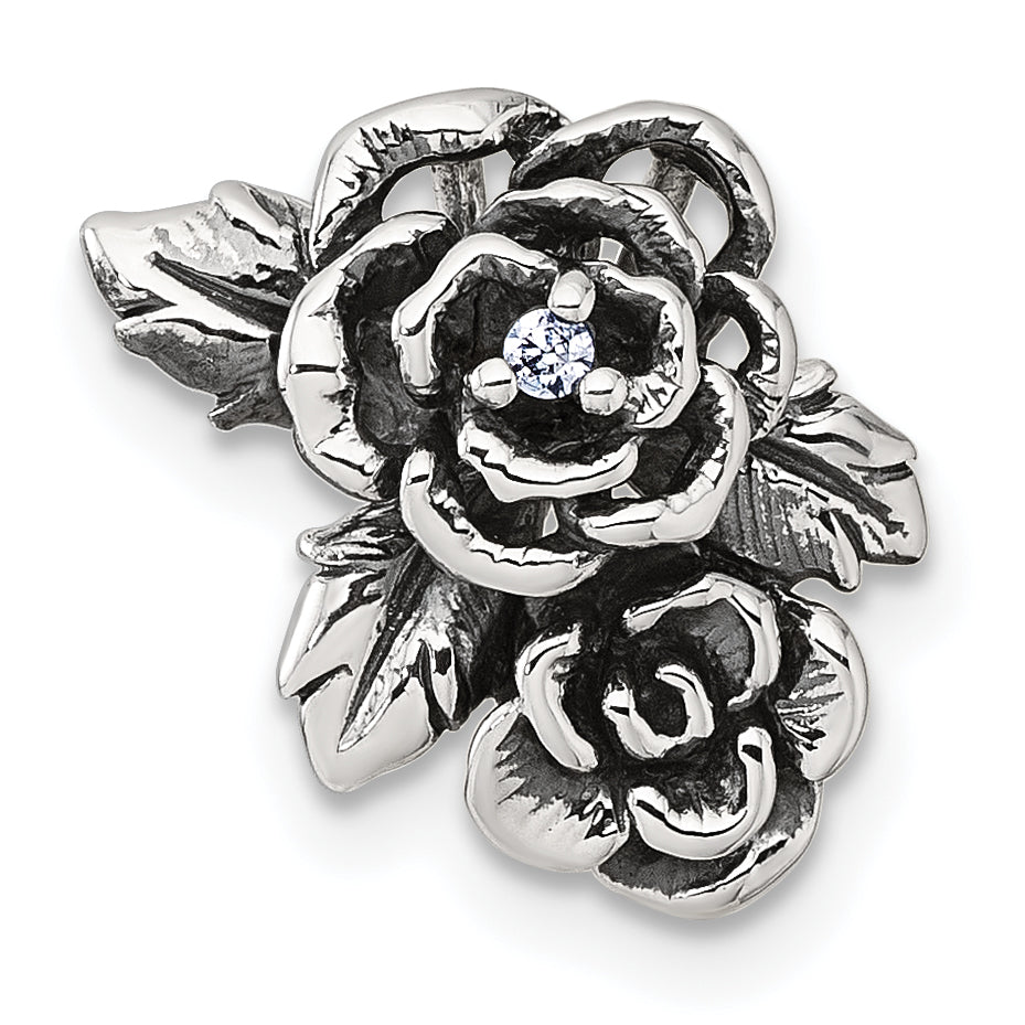 Sterling Silver Antiqued Polished CZ Flowers Chain Slide Pendant Main image