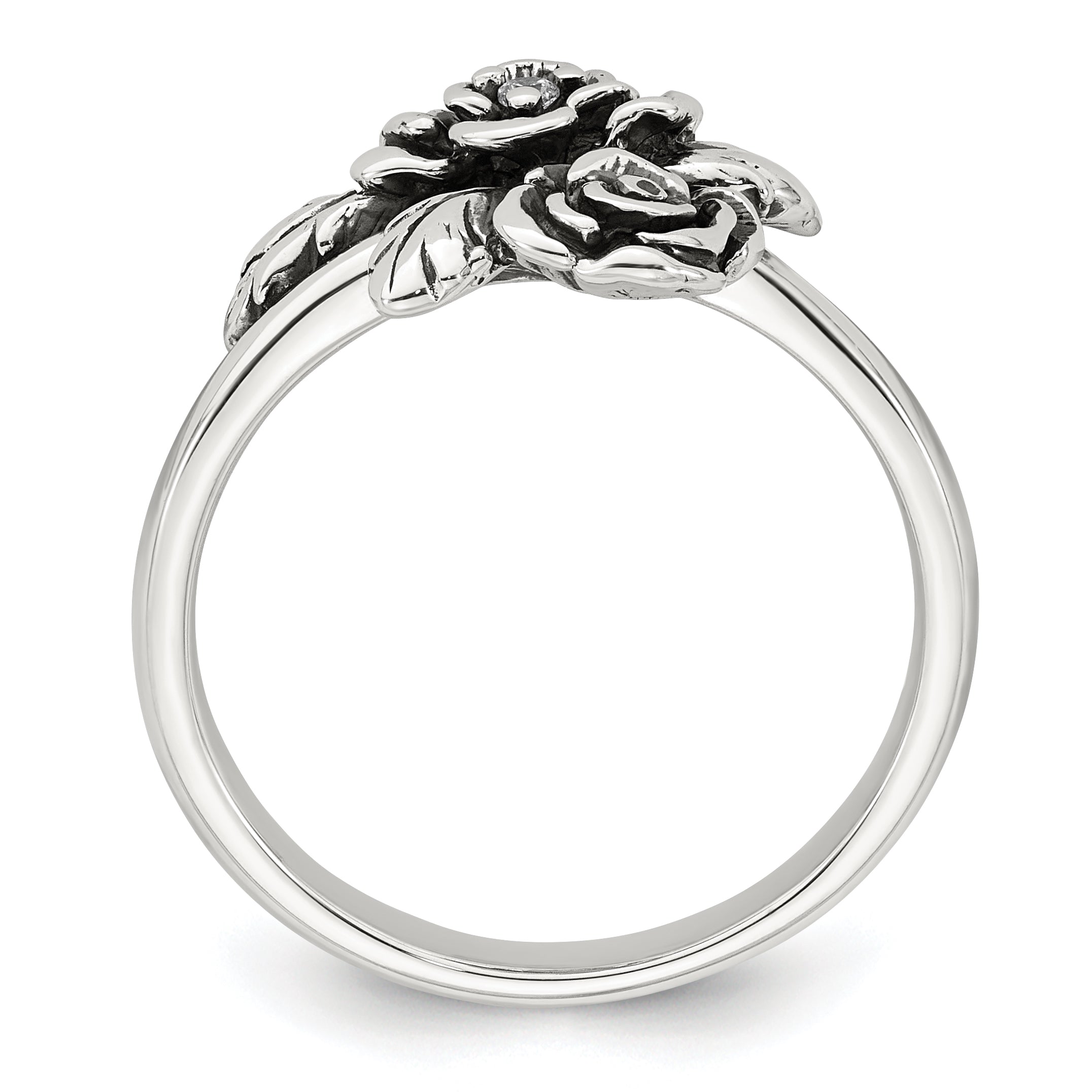 Sterling Silver Antiqued Polished CZ Flowers Size 8 Ring