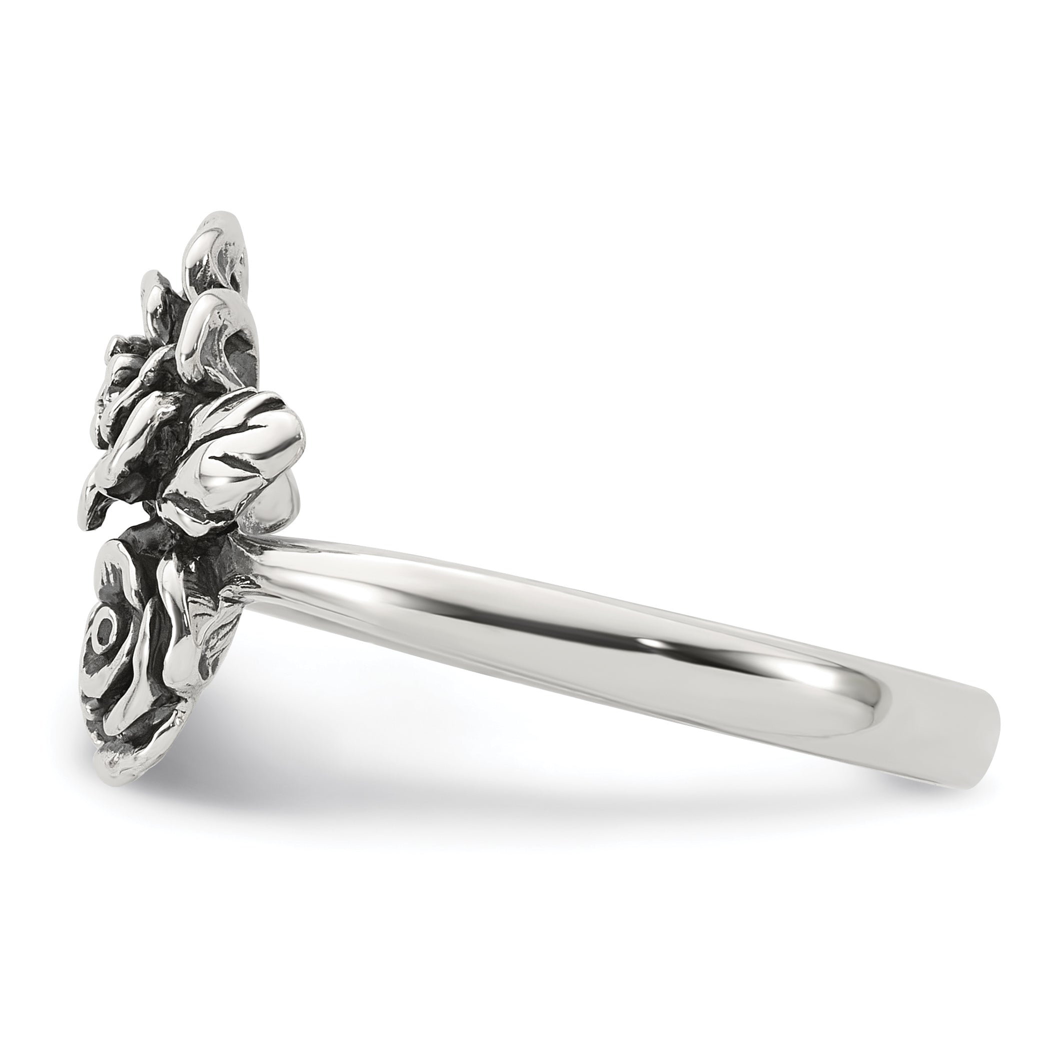 Sterling Silver Antiqued Polished CZ Flowers Size 8 Ring