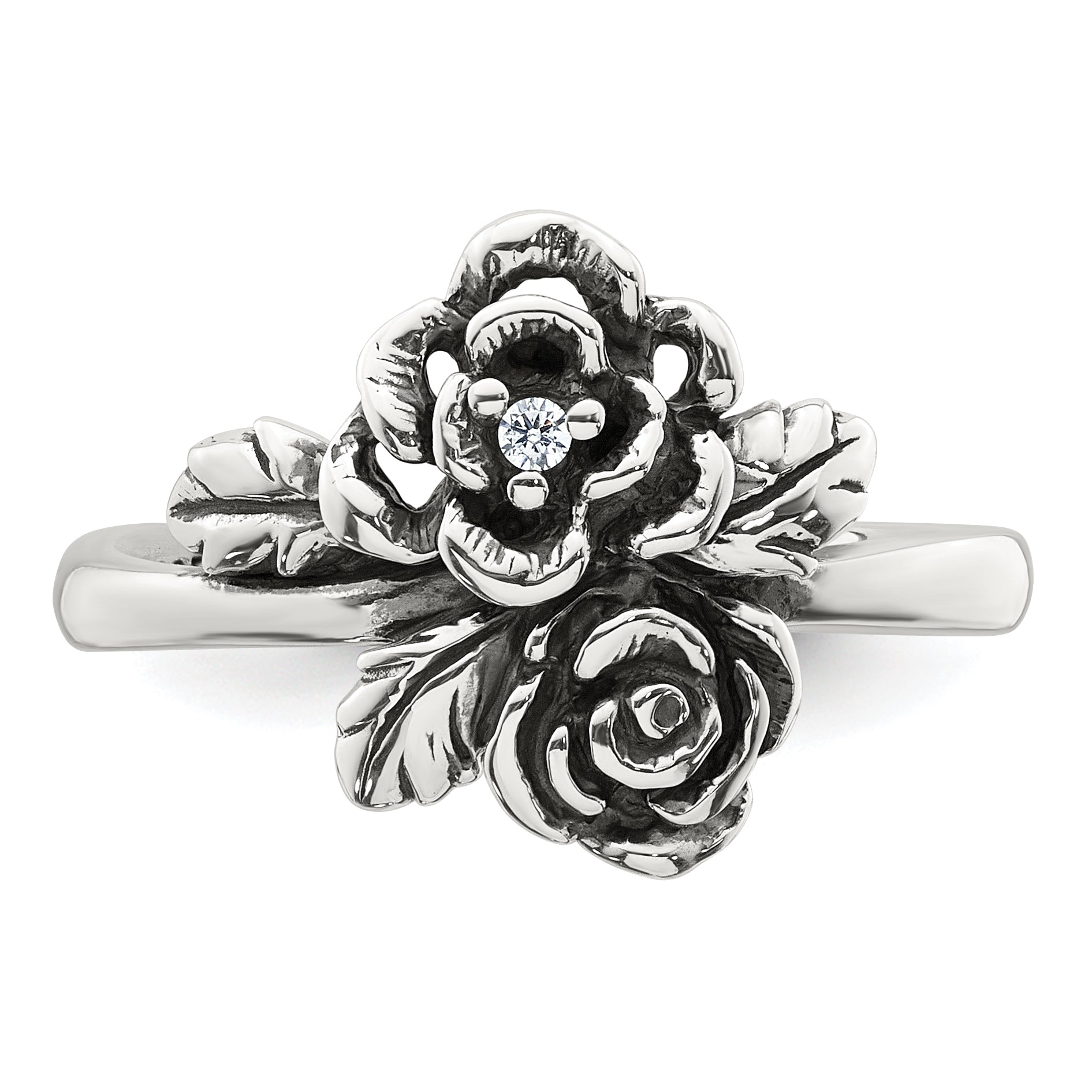 Sterling Silver Antiqued Polished CZ Flowers Size 8 Ring