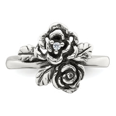 Sterling Silver Antiqued Polished CZ Flowers Size 8 Ring
