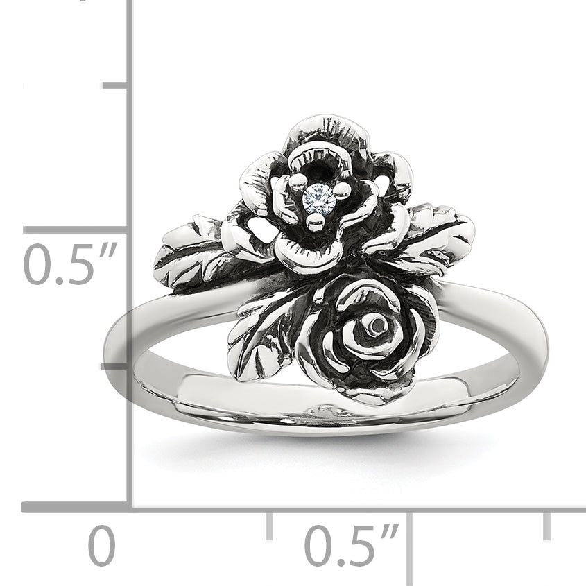 Sterling Silver Antiqued Polished CZ Flowers Size 8 Ring
