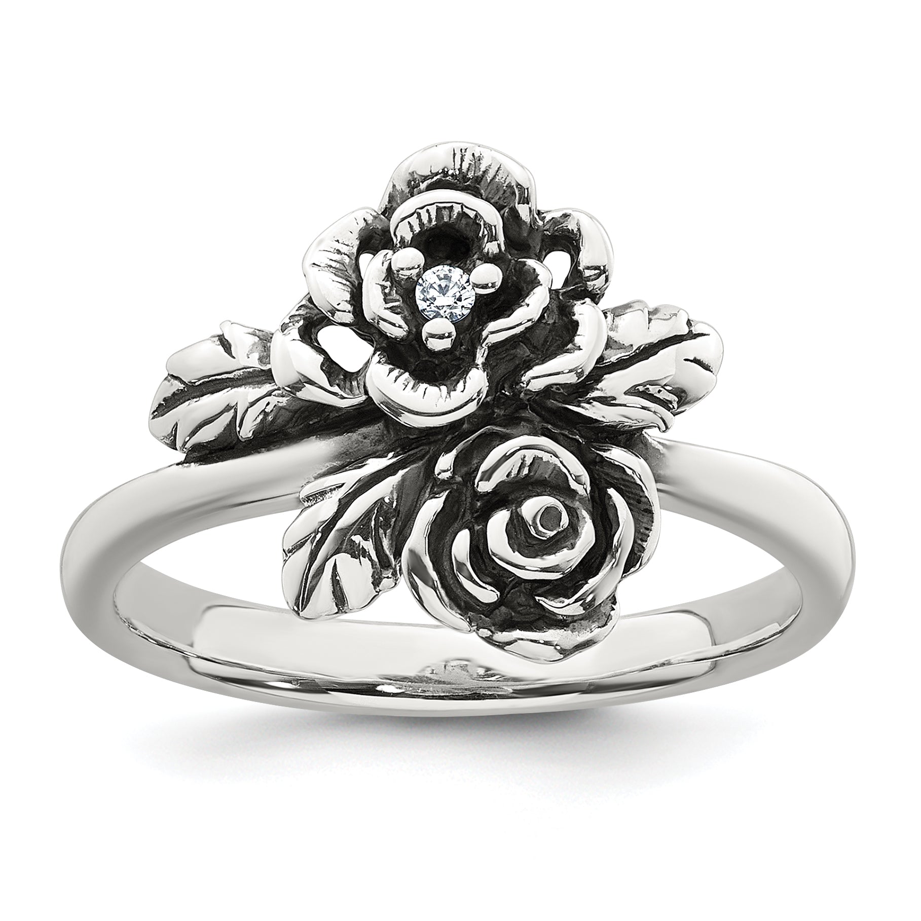 Sterling Silver Antiqued Polished CZ Flowers Size 8 Ring Main image