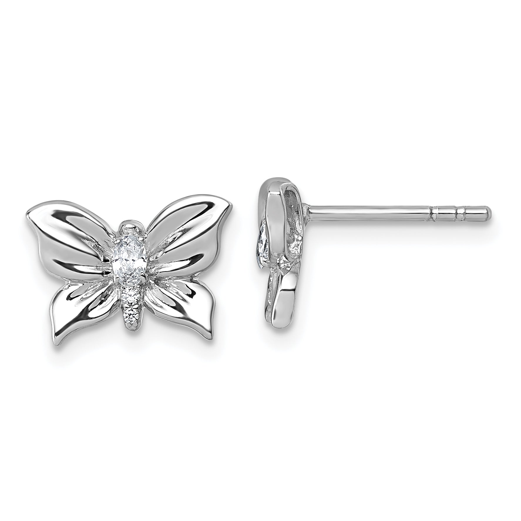 Sterling Silver Rhodium-plated Polished White CZ Butterfly Post Earrings Main image