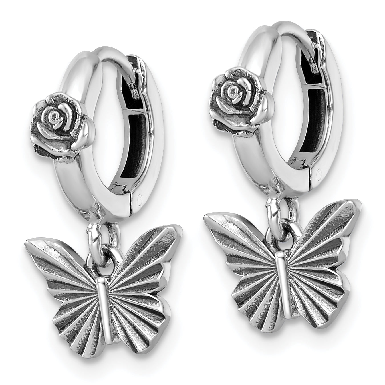 Sterling Silver Antiqued Textured Butterfly Dangle With Flower Hinged Hoop Earrings Secondary image