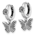 Sterling Silver Antiqued Textured Butterfly Dangle With Flower Hinged Hoop Earrings