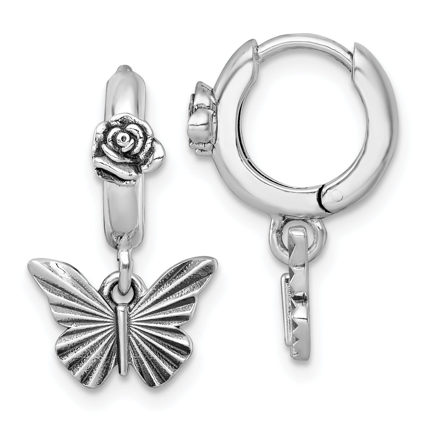 Sterling Silver Antiqued Textured Butterfly Dangle With Flower Hinged Hoop Earrings Main image