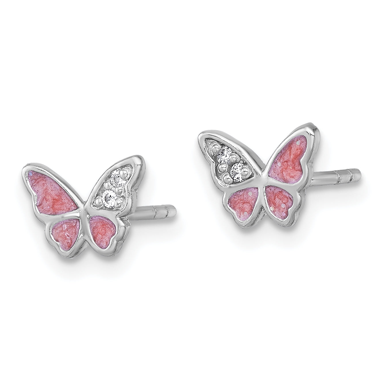 Sterling Silver Rhodium-plated Polished CZ and Pink Enamel Butterfly Post Earrings Secondary image