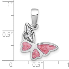 Sterling Silver Rhodium-plated Polished CZ and Pink Enamel Butterfly Pendant