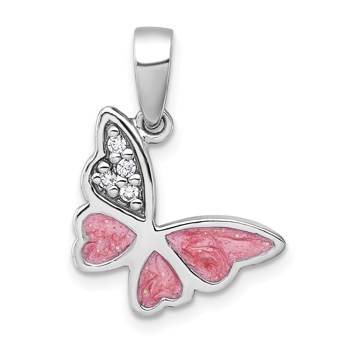 Sterling Silver Rhodium-plated Polished CZ and Pink Enamel Butterfly Pendant