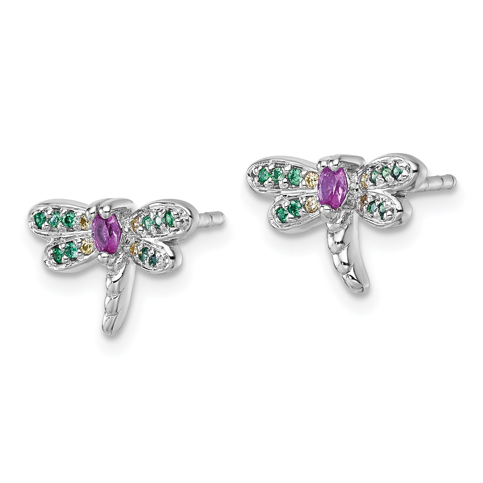 Sterling Silver Rhodium-plated Polished Green, Yellow and Pink CZ Dragonfly Post Earrings Secondary image