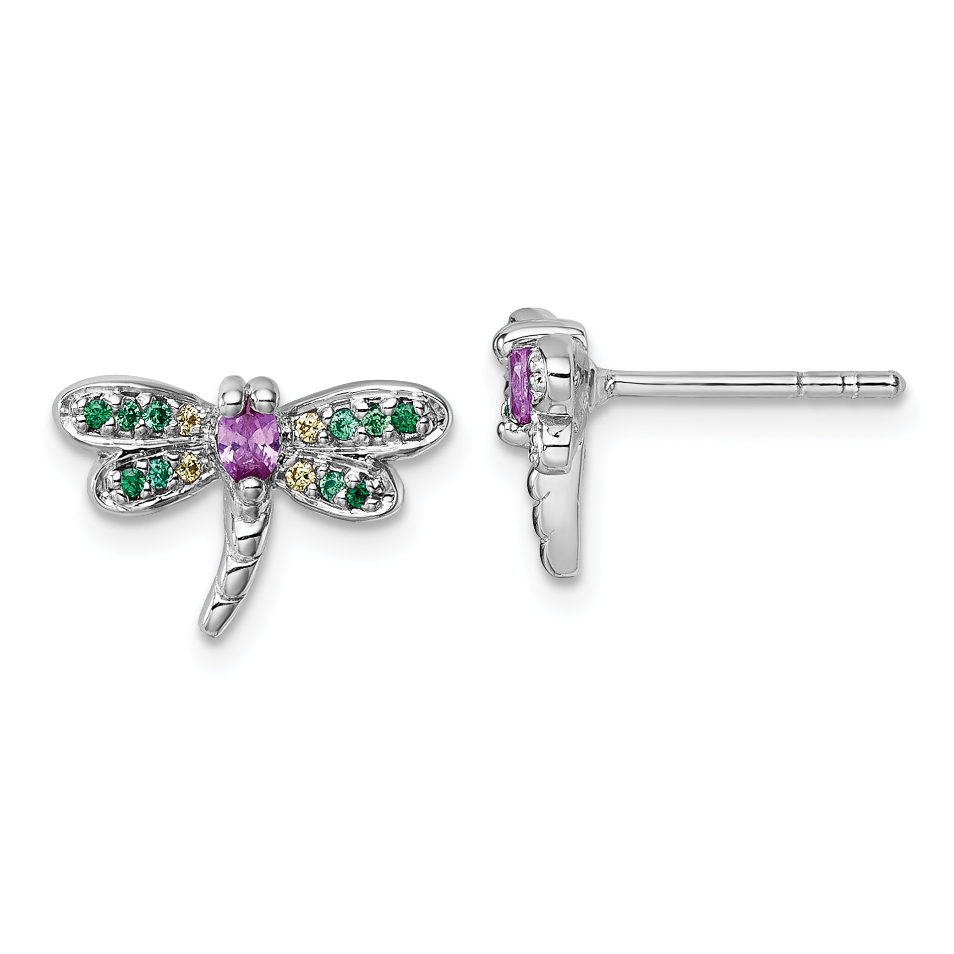 Sterling Silver Rhodium-plated Polished Green, Yellow and Pink CZ Dragonfly Post Earrings Main image