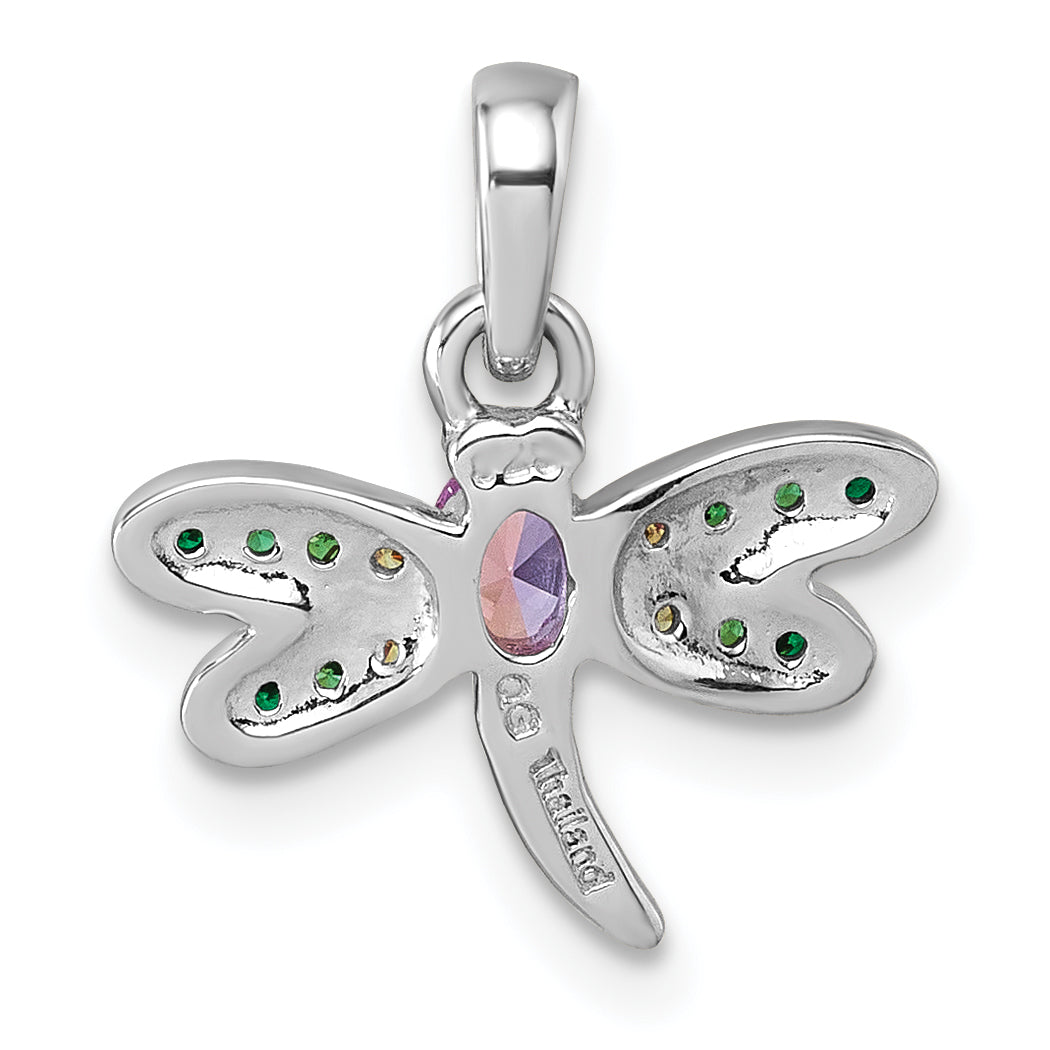 Sterling Silver Rhodium-plated Polished Green, Yellow and Pink CZ Dragonfly Pendant