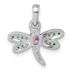 Sterling Silver Rhodium-plated Polished Green, Yellow and Pink CZ Dragonfly Pendant