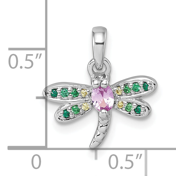 Sterling Silver Rhodium-plated Polished Green, Yellow and Pink CZ Dragonfly Pendant