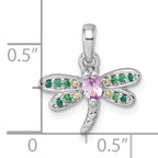 Sterling Silver Rhodium-plated Polished Green, Yellow and Pink CZ Dragonfly Pendant