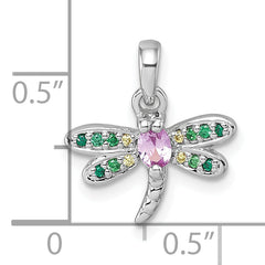 Sterling Silver Rhodium-plated Polished Green, Yellow and Pink CZ Dragonfly Pendant