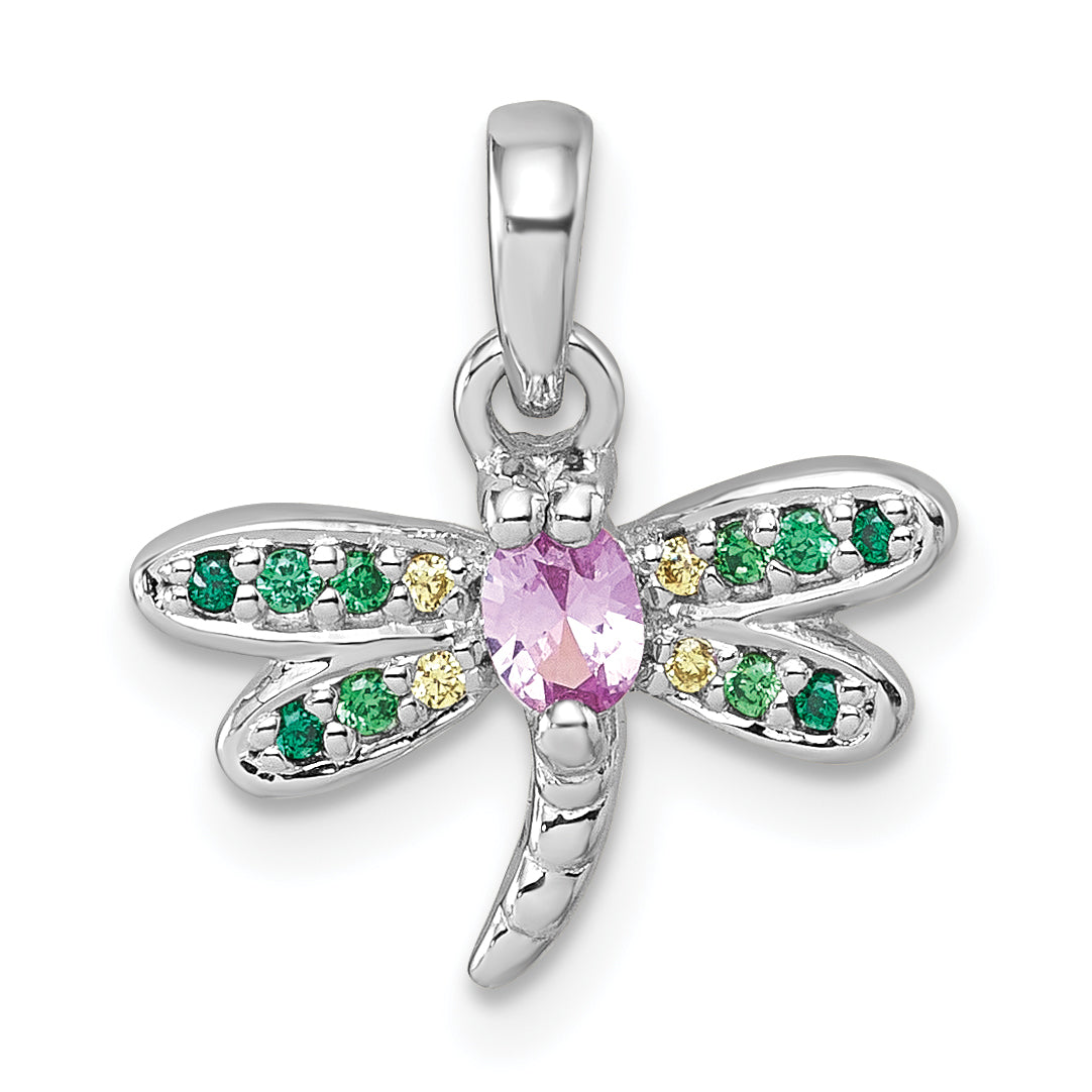 Sterling Silver Rhodium-plated Polished Green, Yellow and Pink CZ Dragonfly Pendant Main image