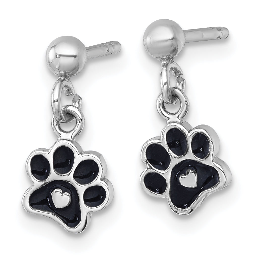 Sterling Silver Rhodium-plated Polished Black Enamel Paw Print with Heart Dangle Post Earrings Secondary image