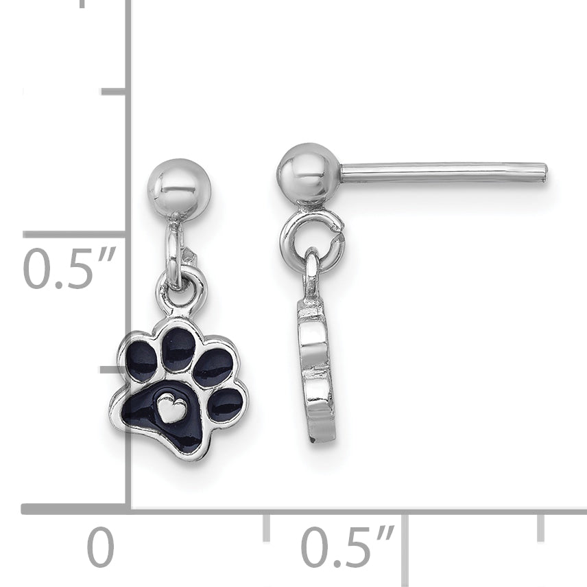 Sterling Silver Rhodium-plated Polished Black Enamel Paw Print with Heart Dangle Post Earrings