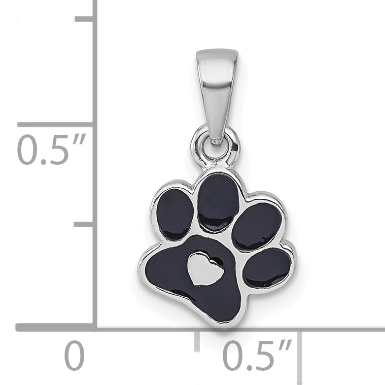 Sterling Silver Rhodium-plated Polished Black Enamel Paw Print with Heart Pendant
