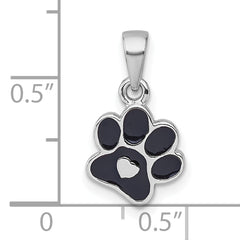 Sterling Silver Rhodium-plated Polished Black Enamel Paw Print with Heart Pendant