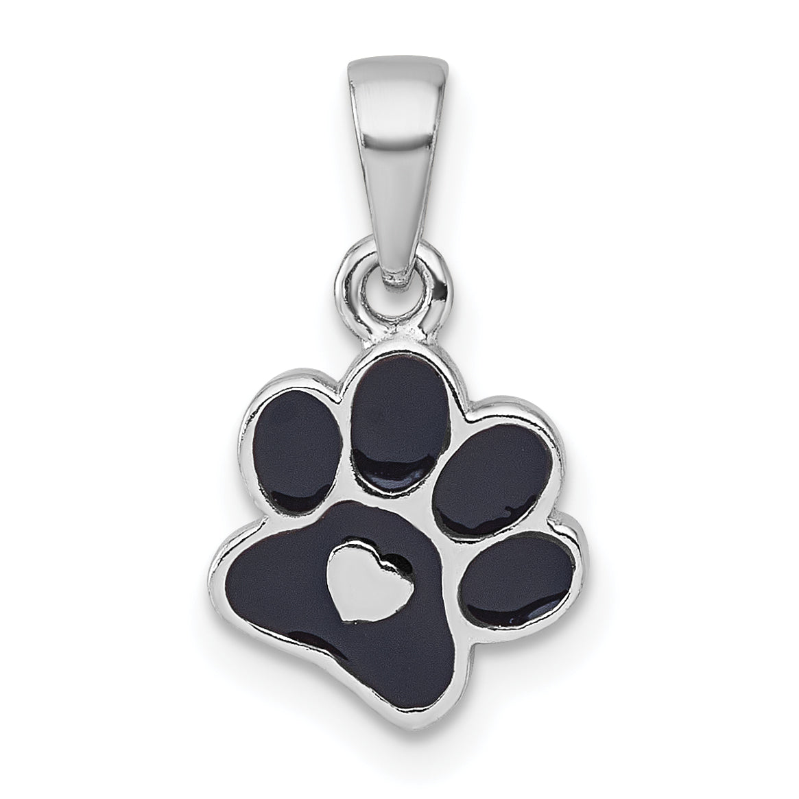 Sterling Silver Rhodium-plated Polished Black Enamel Paw Print with Heart Pendant Main image