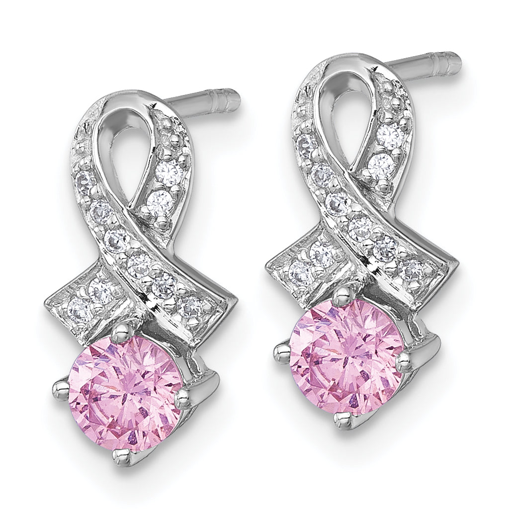 Sterling Silver Rhodium-plated Polished Round Pink and White CZ Awareness Ribbon Post Earrings Secondary image