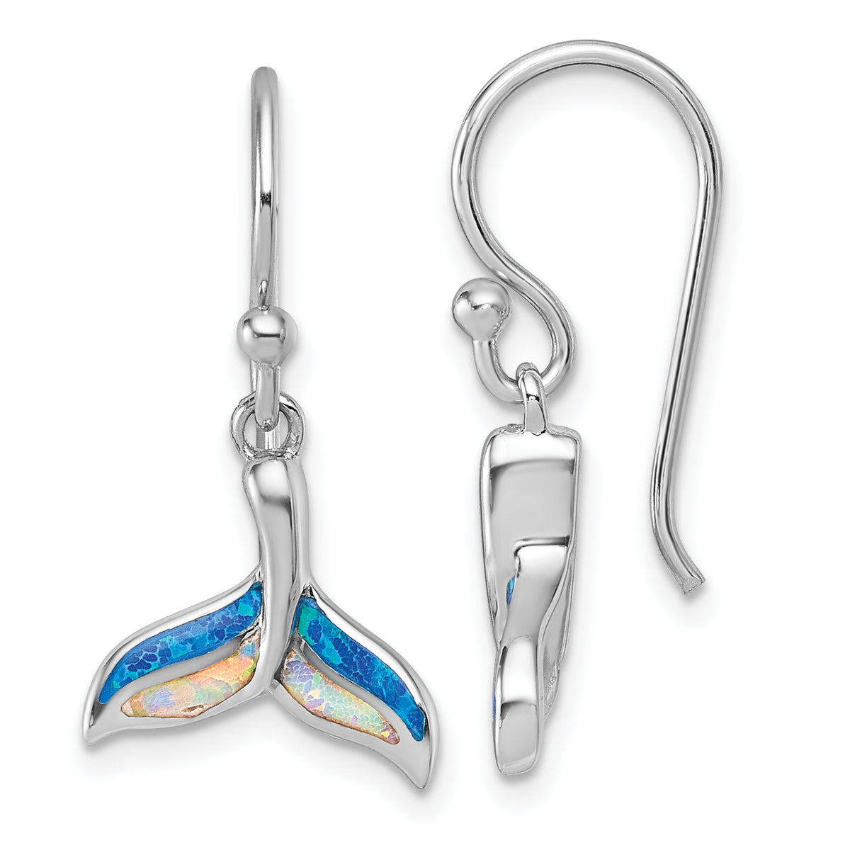 Sterling Silver Rhodium-plated Polished Lab Created Opal Whale Tail Dangle Shepherd Hook Earrings