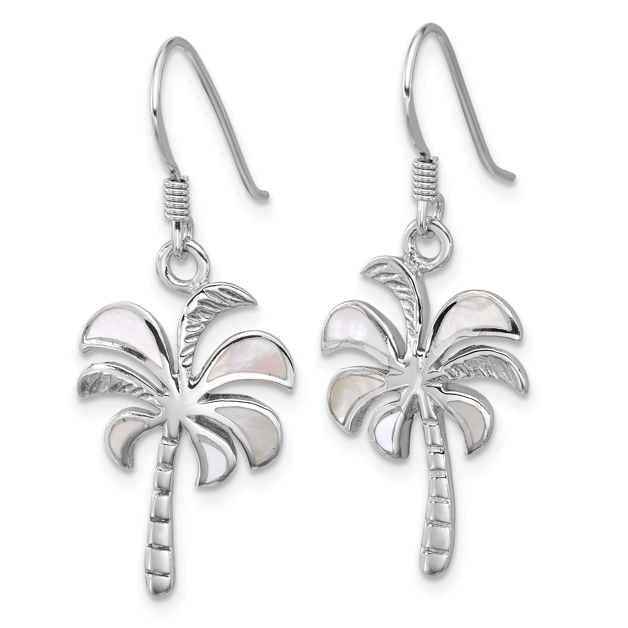 Sterling Silver Rhodium-plated Polished Mother of Pearl Palm Tree Dangle Shepherd Hook Earrings Secondary image