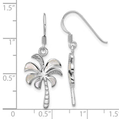 Sterling Silver Rhodium-plated Polished Mother of Pearl Palm Tree Dangle Shepherd Hook Earrings
