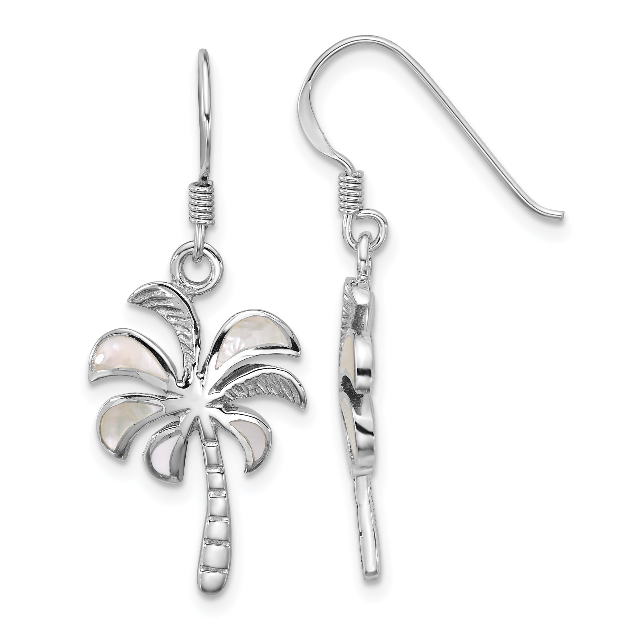 Sterling Silver Rhodium-plated Polished Mother of Pearl Palm Tree Dangle Shepherd Hook Earrings Main image