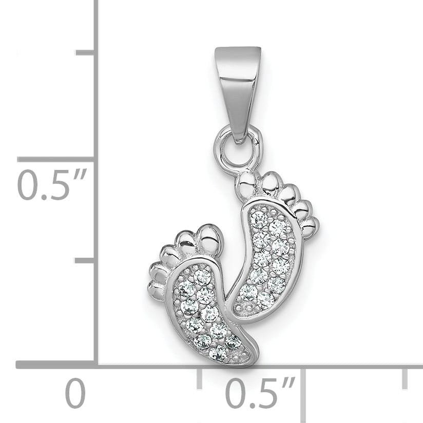 Sterling Silver Rhodium-plated Polished CZ Footprints Pendant