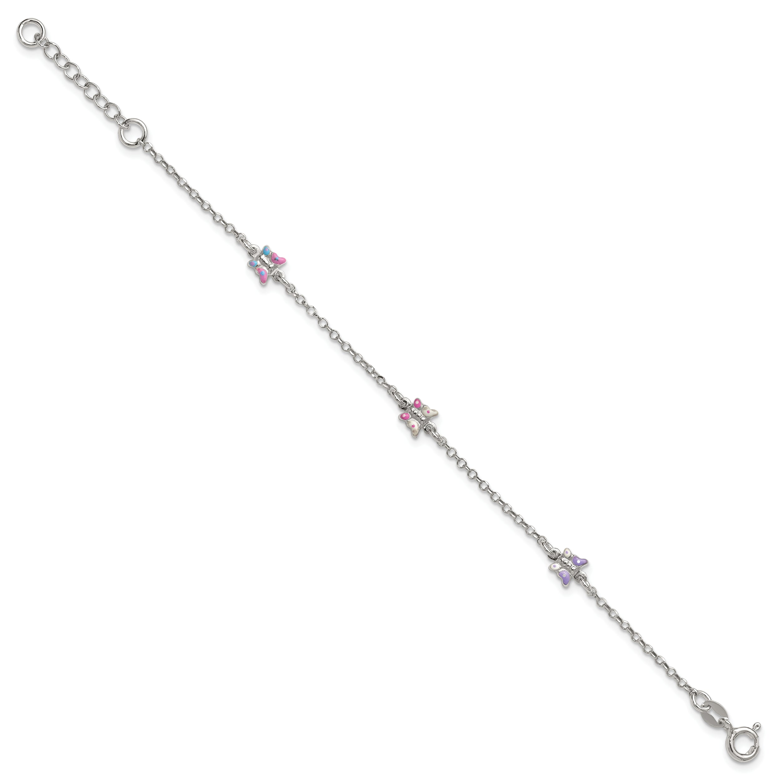 Sterling Silver Polished Pink/Purple/White/Blue Enameled Butterfly 6 inch with 1 inch extension Childrens Bracelet