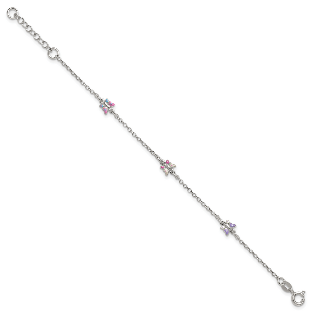 Sterling Silver Polished Pink/Purple/White/Blue Enameled Butterfly 6 inch with 1 inch extension Childrens Bracelet