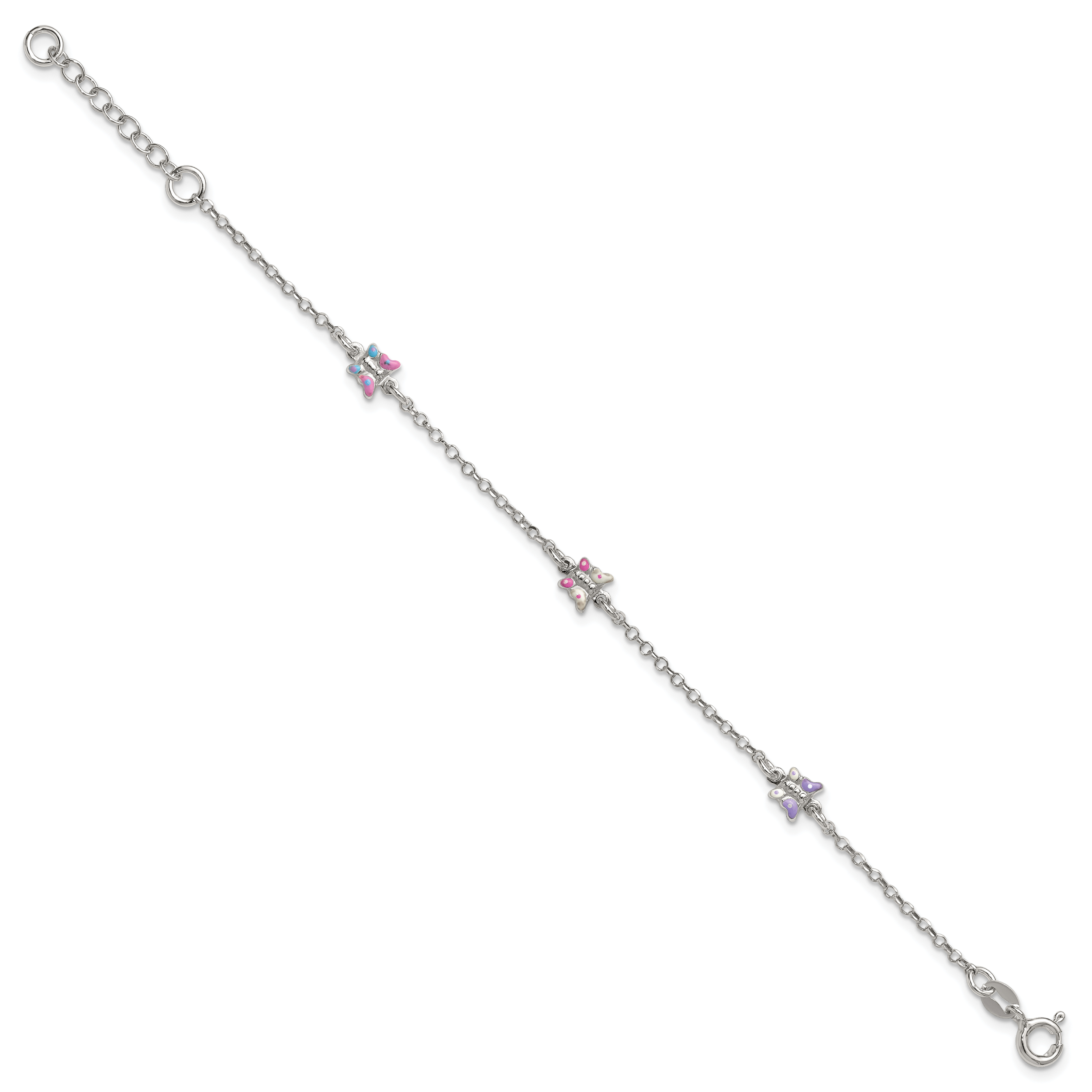 Sterling Silver Polished Pink/Purple/White/Blue Enameled Butterfly 6 inch with 1 inch extension Childrens Bracelet