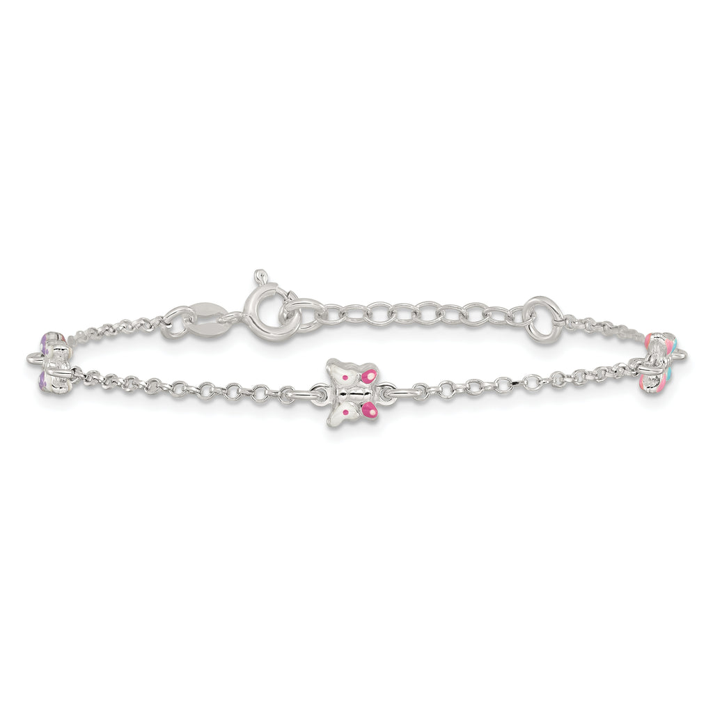 Sterling Silver Polished Pink/Purple/White/Blue Enameled Butterfly 6 inch with 1 inch extension Childrens Bracelet